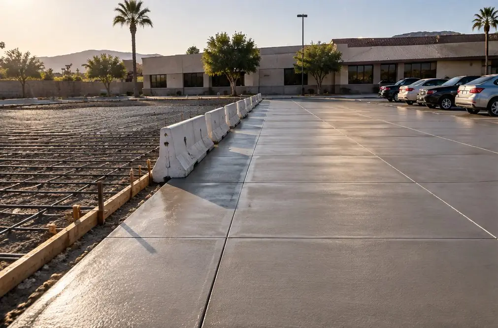 Illustration: a Rialto business property with a freshly poured gray concrete lot, saw-cut joints in a regular grid, a phase boundary marked with a barrier and cars parked on the finished half