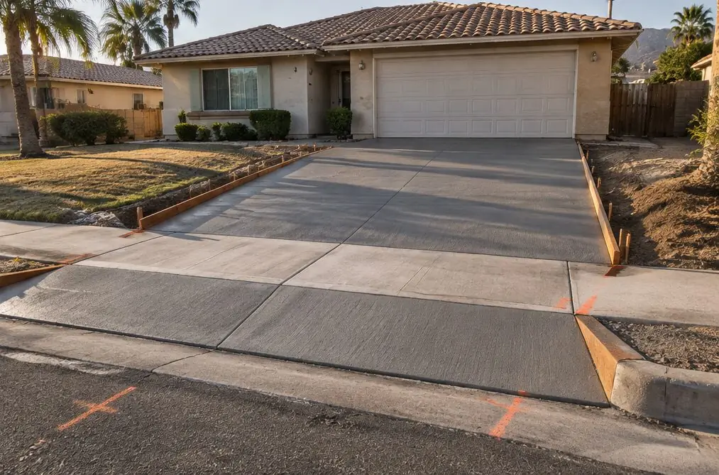 Illustration: a short sloped concrete driveway apron at the street curb in front of a Rialto ranch house, the public sidewalk crossing it, fresh forms and orange utility marks on the pavement