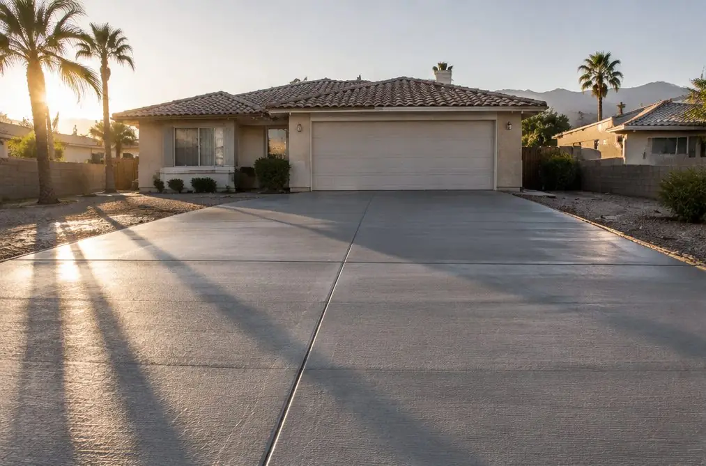 Illustration: a new gray broom-finish concrete driveway wide enough for two cars in front of a Rialto single-story house, joints cut in a neat grid and a mixer truck with a blank drum parked at the curb
