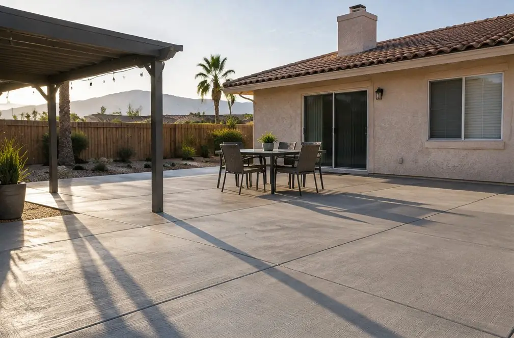 Illustration: a 12-by-16-foot light gray broom-finish concrete patio behind a Rialto house with a patio table, a shade structure on a footing at one corner and joints cut in a square grid