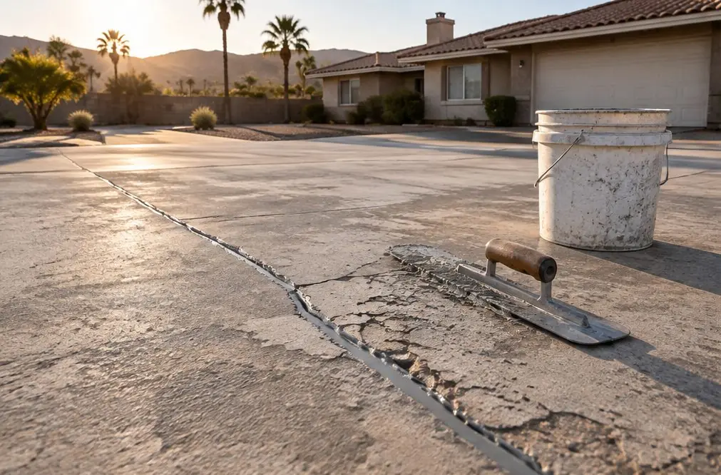 Illustration: a cracked gray Rialto driveway with a hairline crack being filled with a gray sealant, a patch of flaking surface beside it and a trowel and a bucket on the slab