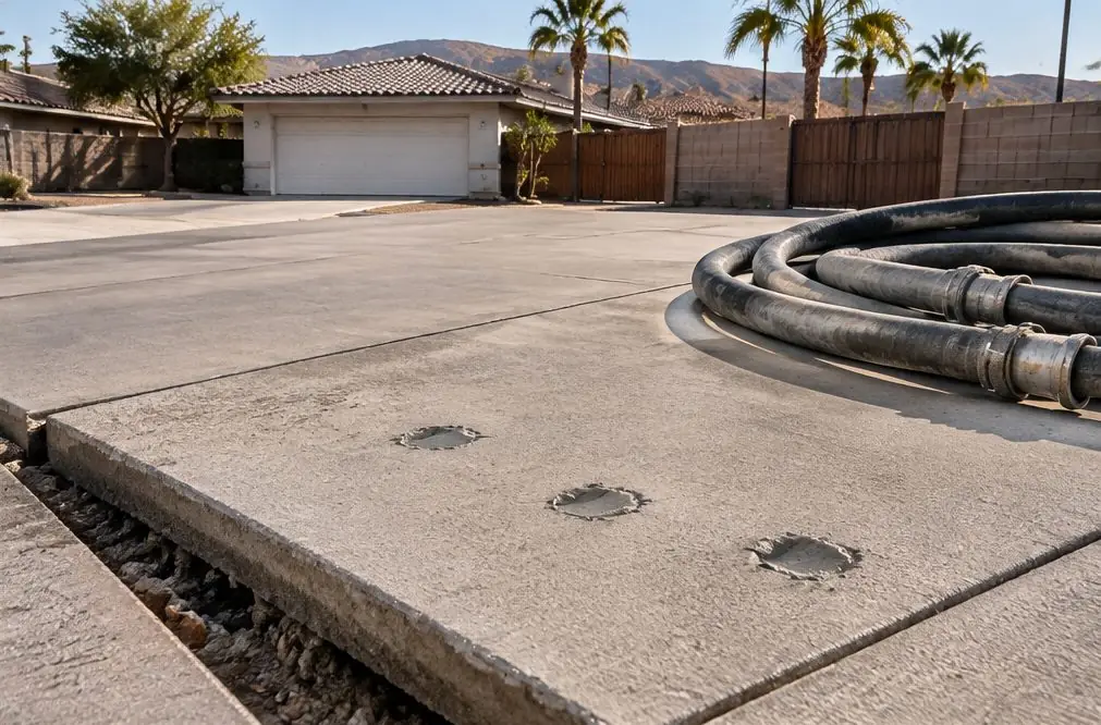 Illustration: a Rialto driveway panel lifted level with its neighbor, three small round patched holes in the slab and a gray pump hose coiled beside it