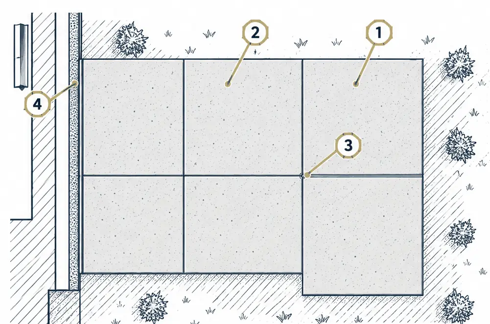 Diagram: top view of a driveway divided by control joints into near-square panels, with joints running out from the inside corners