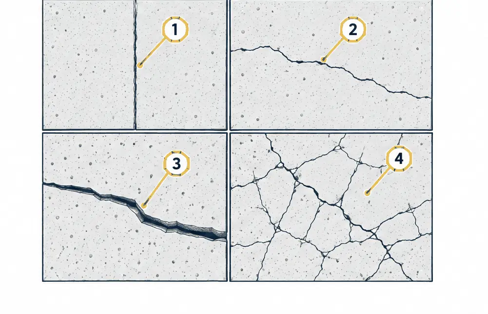 Diagram: top view of four slab panels each showing a different crack, a hairline in a joint, a wandering hairline, a wide crack with one side lower and a panel broken by many cracks
