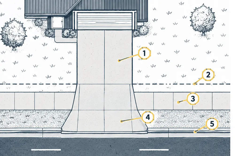 Diagram: top view of a house lot with a private driveway, the public sidewalk, a driveway approach crossing the right-of-way strip and the curb and gutter at the street