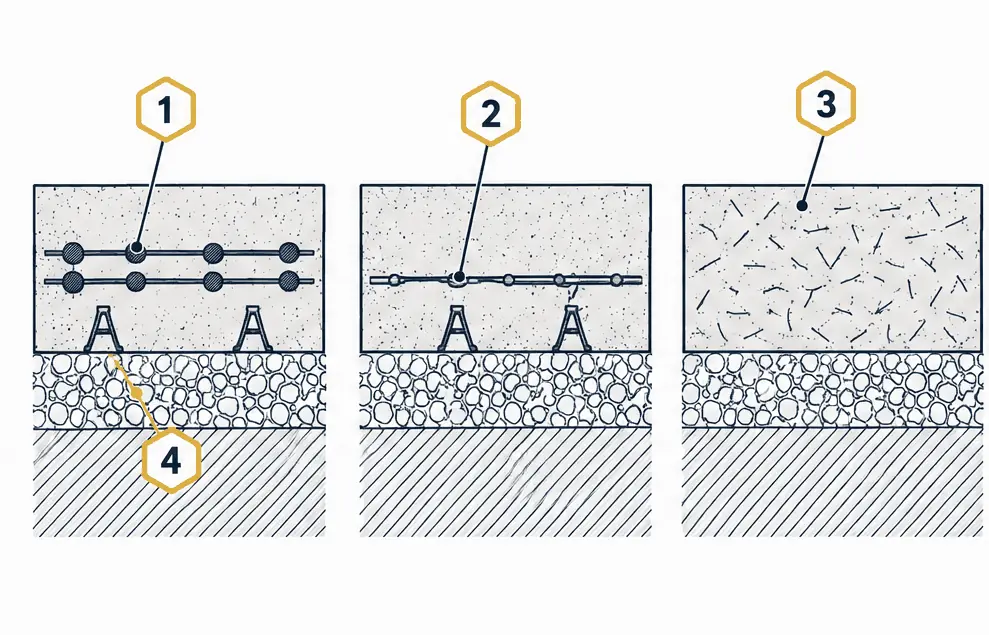 Diagram: three slab cross-sections of the same thickness, one with a rebar grid on chairs at mid-depth, one with a wire mesh sheet on chairs and one with short fiber strands scattered through the whole depth