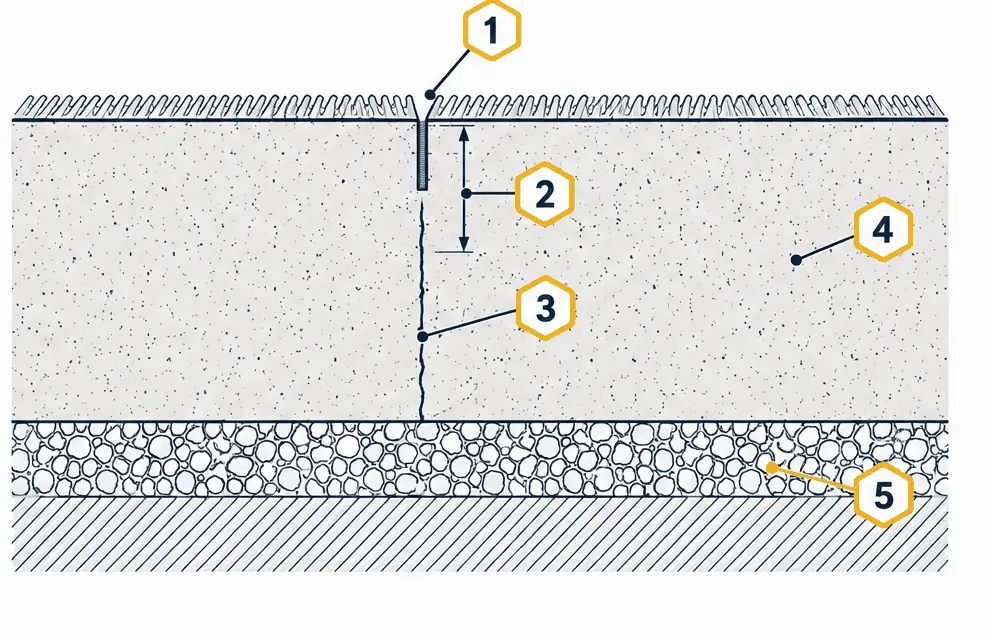 Diagram: close cross-section of a slab with a narrow saw cut from the top about a quarter of the depth, its depth marked, and a thin crack running straight down from the bottom of the cut to the base