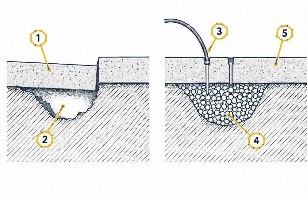Diagram: side view in two states, a sunken slab with a void under it and the same slab lifted level with its neighbor through two small holes with fill material under it