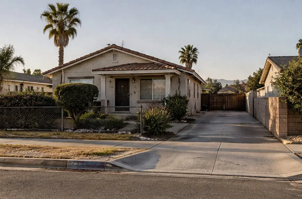 Illustration: a new gray concrete driveway in front of a typical Downtown Rialto house