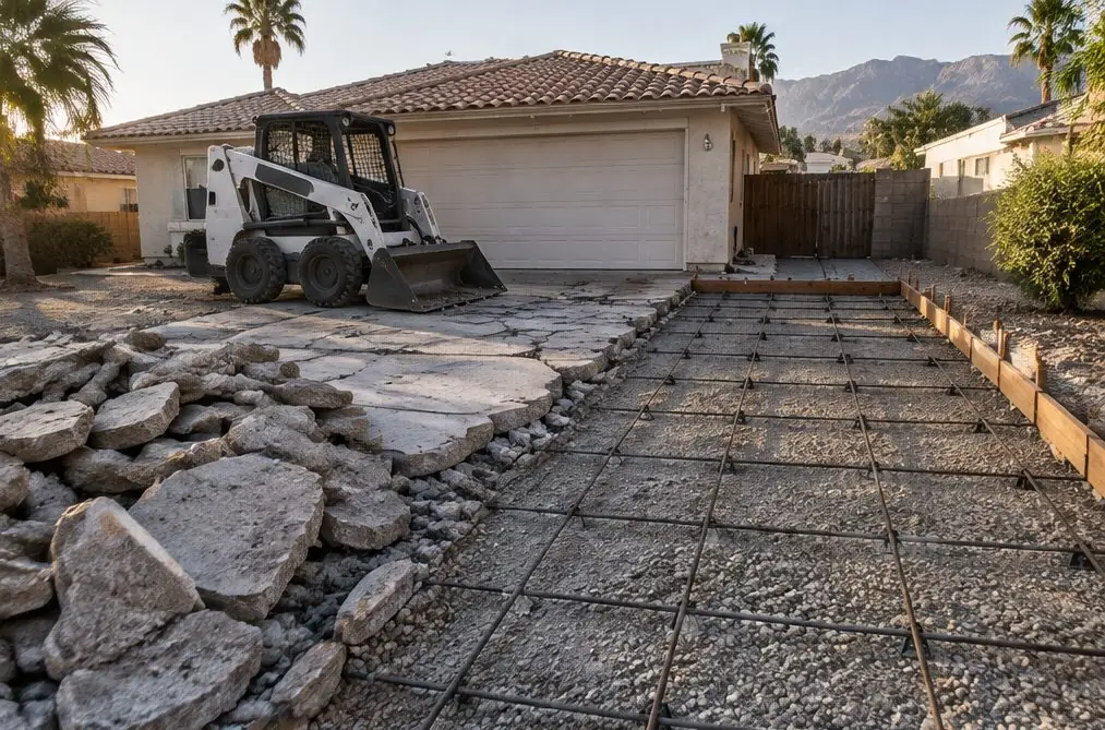 Illustration: a Rialto driveway half demolished, broken gray concrete pieces stacked beside a skid steer, forms set along one edge and a rebar grid on chairs laid on the compacted ground