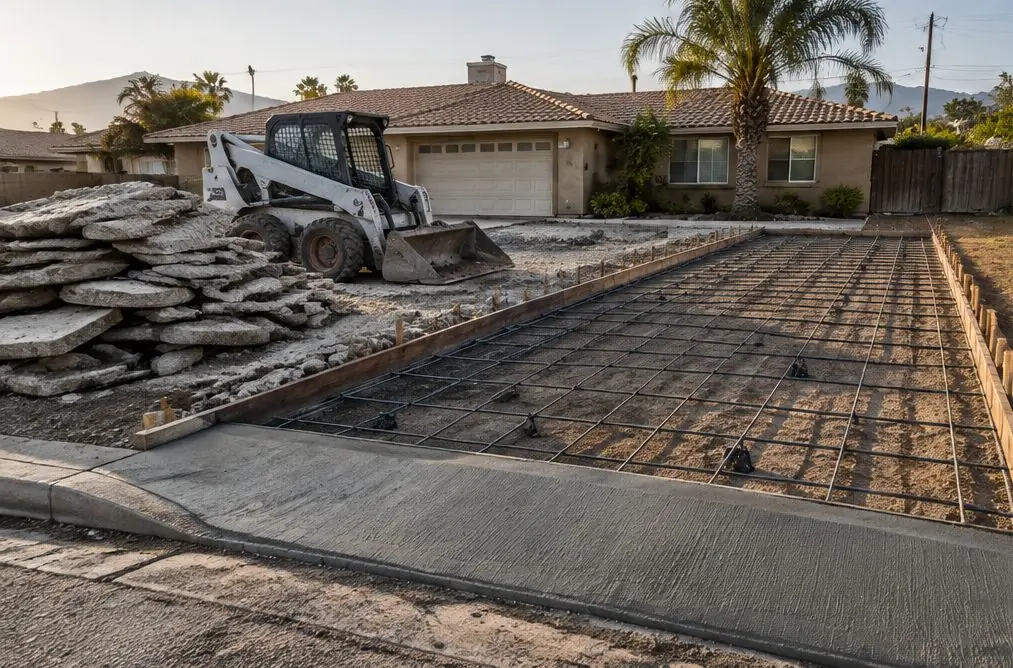 Illustration: a Central Rialto driveway with the old gray slab sawn into pieces and stacked beside a skid steer, forms set along the new edge, a rebar grid on chairs and a short concrete apron at the curb