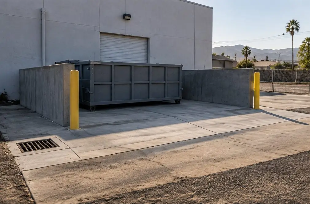 Illustration: a gray reinforced concrete dumpster pad and short truck apron at the back of a North Rialto warehouse with sealed saw-cut joints, a drain at one corner and two yellow bollards beside the pad