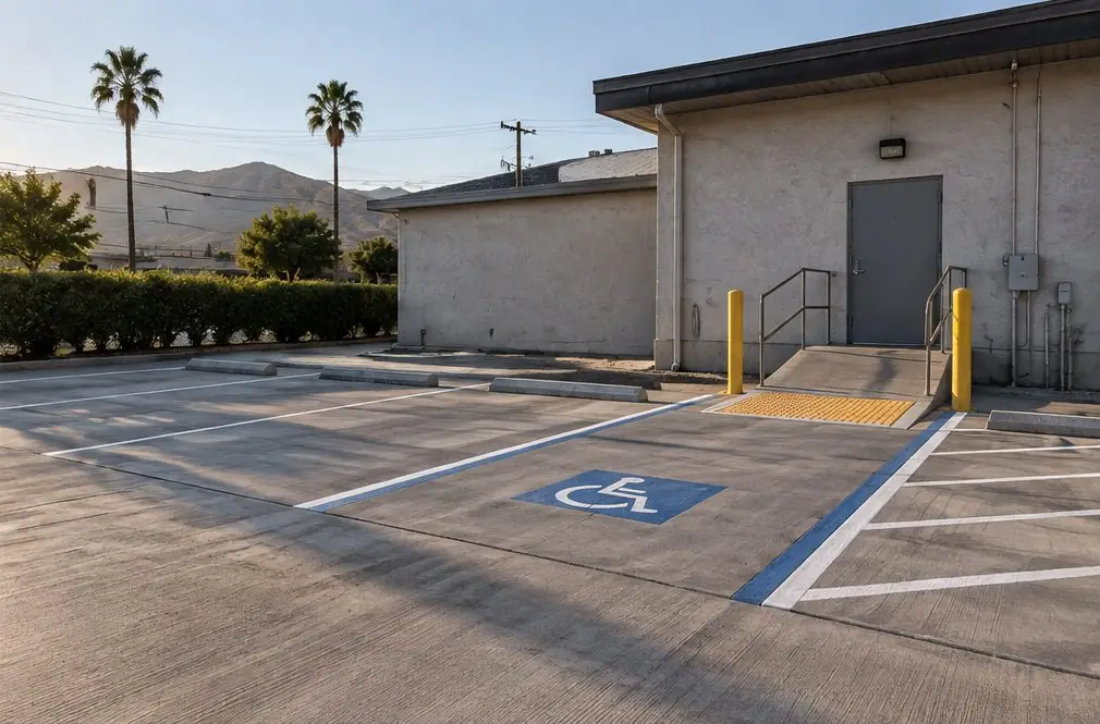 Illustration: a small gray concrete parking lot behind a Downtown Rialto commercial building with painted stalls, an accessible space beside a ramp to the back door with a textured warning strip and two bollards at the walk