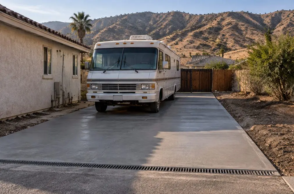Illustration: a long gray concrete RV pad beside a Las Colinas house with a motorhome parked on it, a side gate at one end with a channel drain across the slab and the lot sloping gently away from the walls