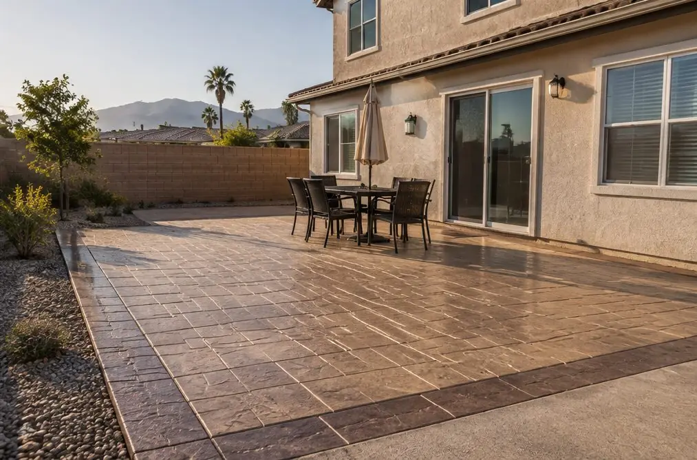 Illustration: a 12-by-16-foot stamped concrete patio in a warm tan ashlar slate pattern with a darker border band behind a newer Rialto house, a patio table and a block wall at the edge