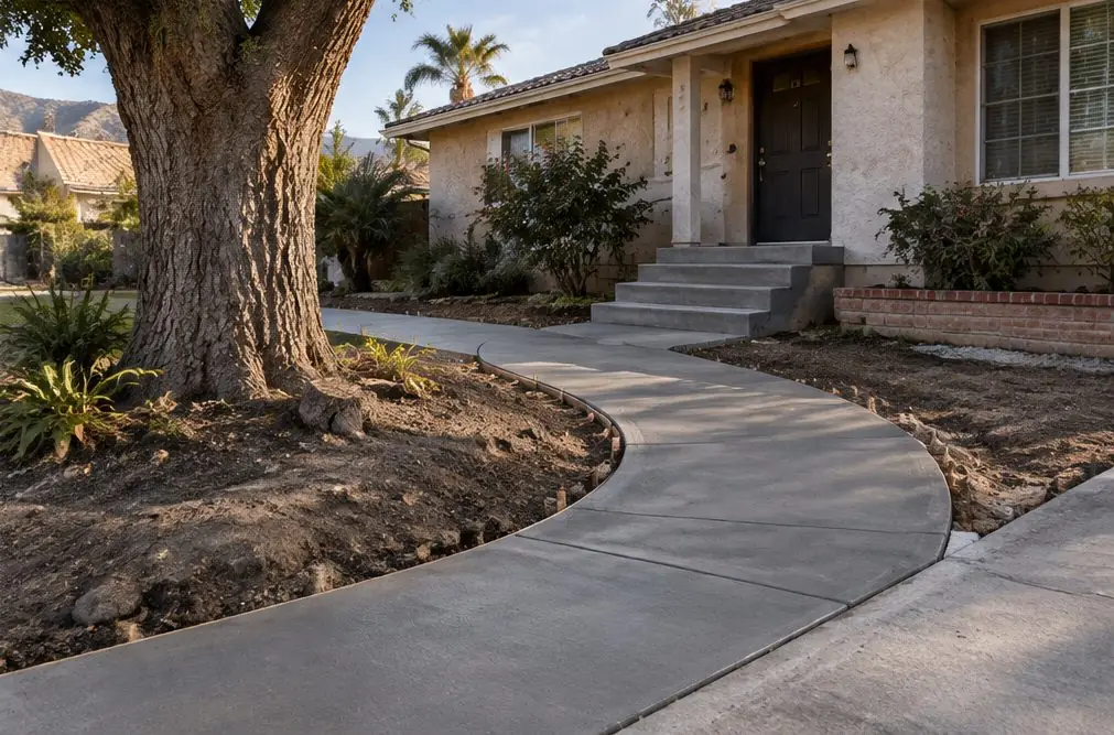 Illustration: a four-foot-wide gray concrete walkway curving around a mature tree from a driveway to a front door in El Rancho Verde, three concrete steps with a landing at the door and a cut root visible at the edge of the new forms