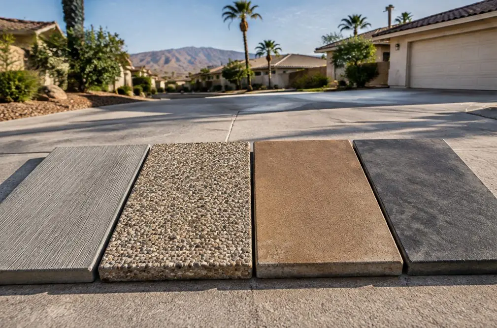 Illustration: four sample slabs side by side on a Rialto driveway, a gray broom finish, an exposed aggregate with small tan stones, a warm tan integral color and a charcoal stain, each in a neat square