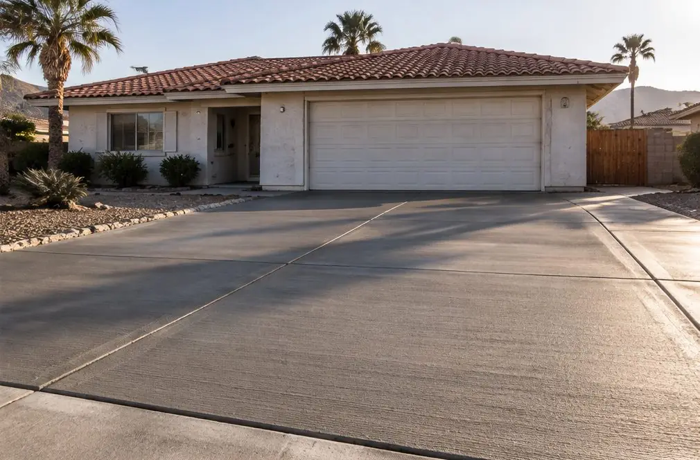 Illustration: a finished gray broom-finish concrete driveway with neat sawn joints in front of a single-story house