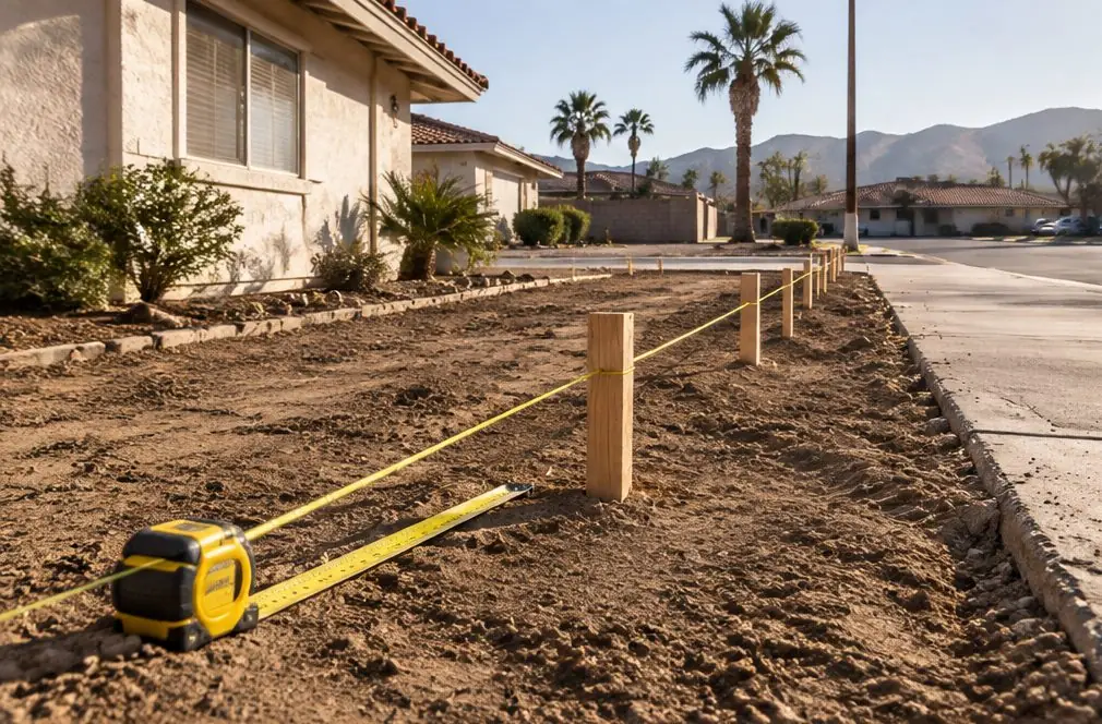 Illustration: a bare strip of dirt beside a house with a tape measure, wooden stakes and a string line laid out for a new driveway