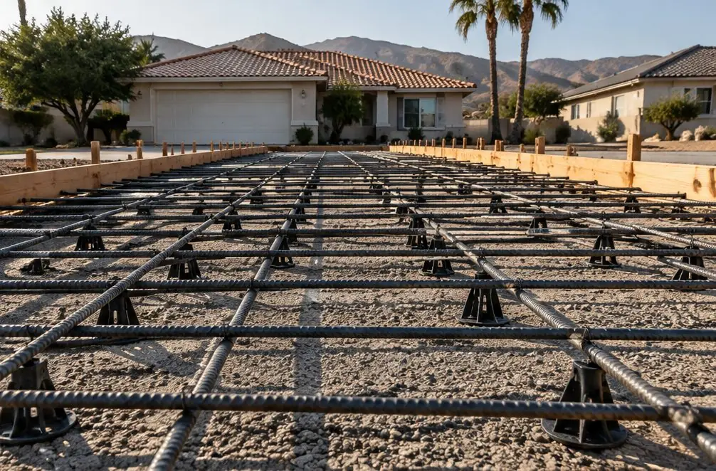 Illustration: a grid of rebar standing on small plastic chairs at mid-height inside driveway forms