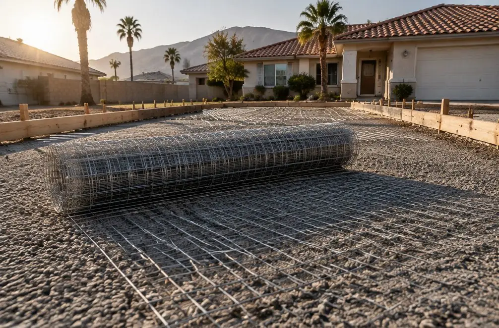 Illustration: a roll of wire mesh lying flat on a compacted gravel base inside driveway forms