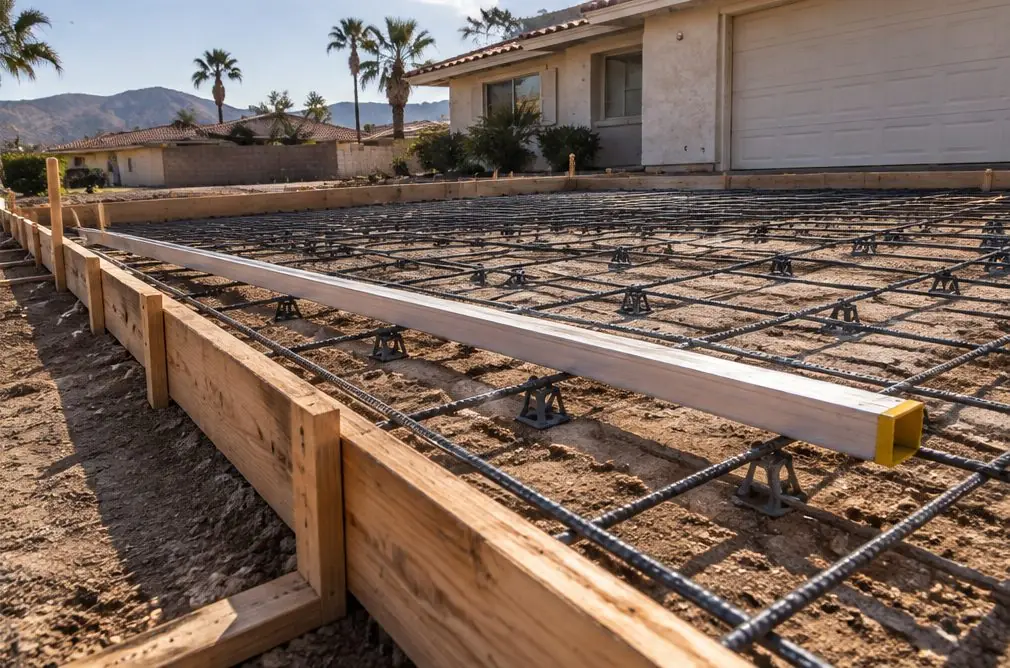 Illustration: formwork for a new driveway with a rebar grid on chairs and a straightedge laid across the forms