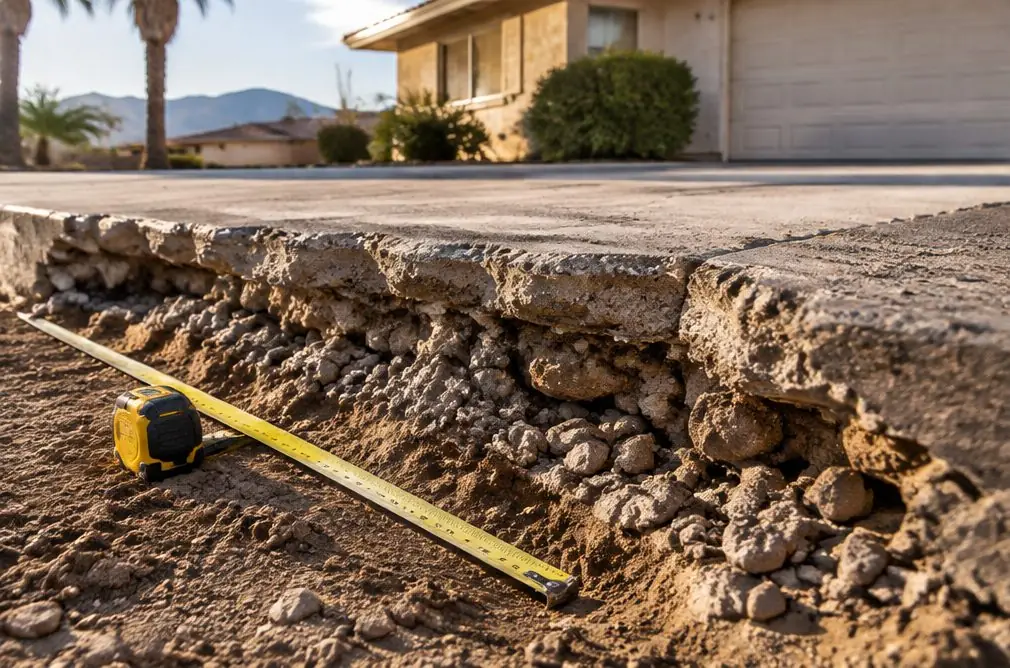 Illustration: a cut edge of a broken old driveway showing a thin slab over loose ground beside a tape measure