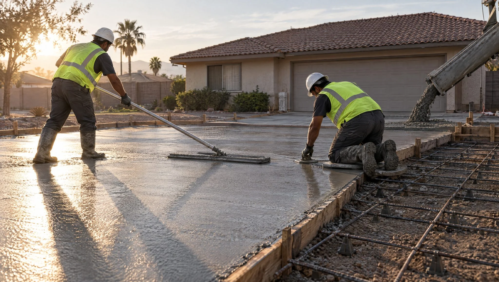 Illustration: two concrete finishers in matching work shirts and rubber boots working a freshly poured gray driveway slab in front of a Rialto house, one drawing a long bull float across the surface and the other kneeling with a hand trowel at the edge, a mixer truck at the curb with a blank drum (AI-generated)