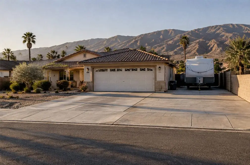 Illustration: a new gray concrete driveway in front of a typical Las Colinas house