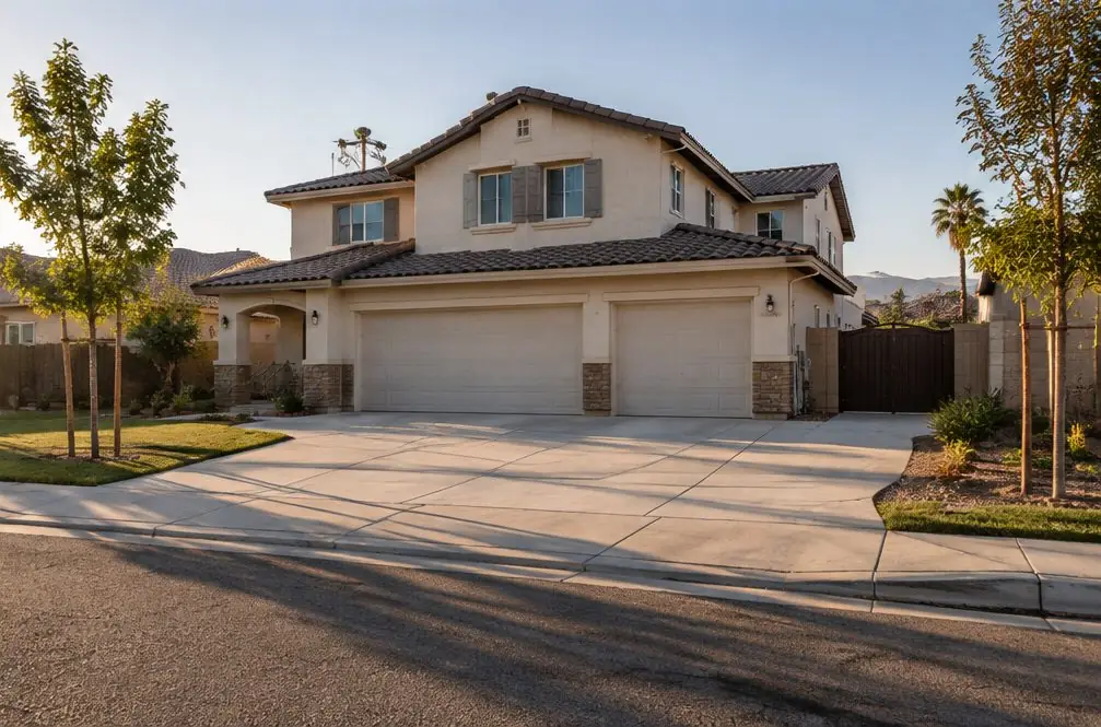 Illustration: a new gray concrete driveway in front of a typical North Fontana house