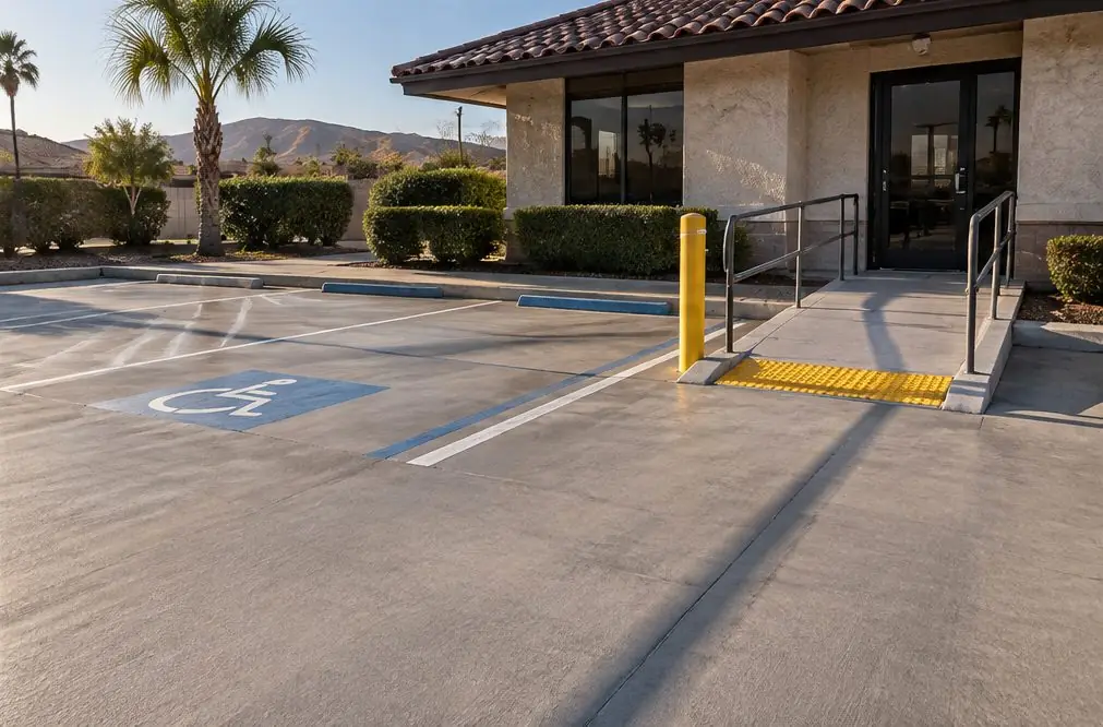 Illustration: a small Rialto business parking lot with a gray concrete surface, painted stalls, an accessible space beside a ramp to the entrance with a textured warning strip and a bollard at the walk