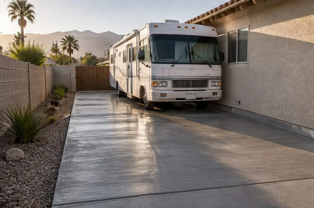 Illustration: a 12-by-40-foot gray concrete pad along the side of a Rialto house with a motorhome parked on it, a gated side yard behind and a slight slope away from the walls