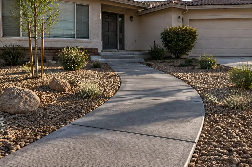 Illustration: a four-foot-wide gray concrete walkway curving from a Rialto front door to a driveway, three steps with a landing at the door and a young tree set back from the path