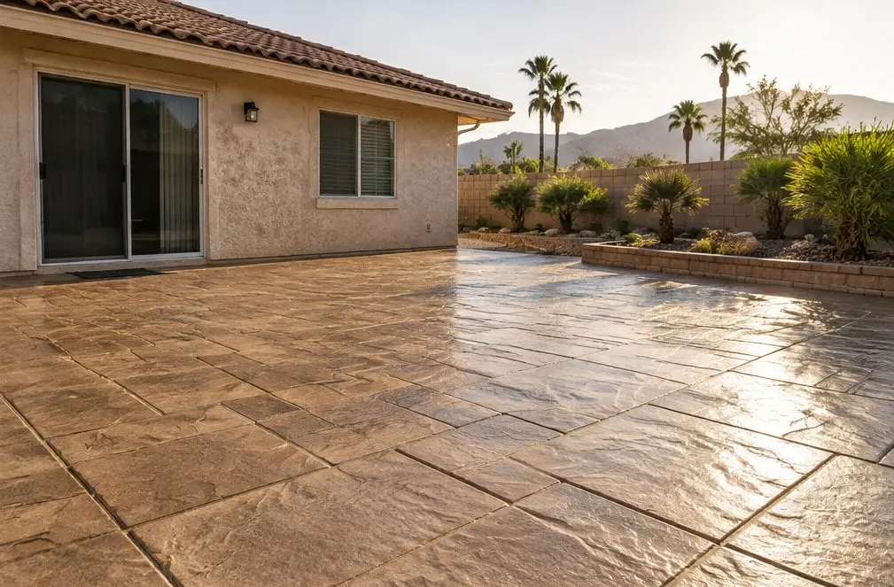 Illustration: a stamped concrete patio in an ashlar slate pattern in warm tan with dark brown release color in the joints, a clean sealed sheen in afternoon light behind a Rialto house