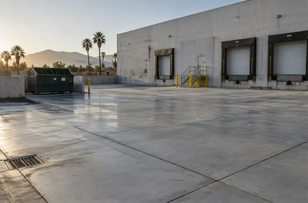 Illustration: a wide gray concrete truck court beside a Rialto warehouse dock with a heavy-duty slab, sealed saw-cut joints in a grid and a small dumpster pad with a drain at one corner
